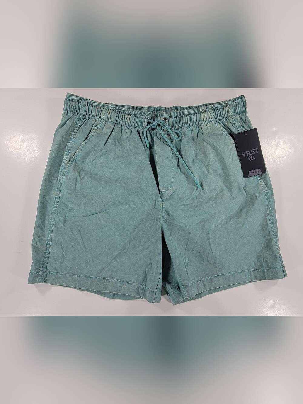 NEW VRST The Easy Shorts Mens Large Acid Wash Dusty Teal 7" NWT Casual Pull On